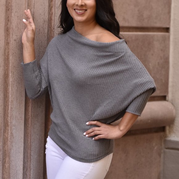 Grey Waffle Knit Off The Shoulder Top - Picture 2 of 4